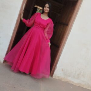 Rose pink full flayer gown with jacket in organza fabric